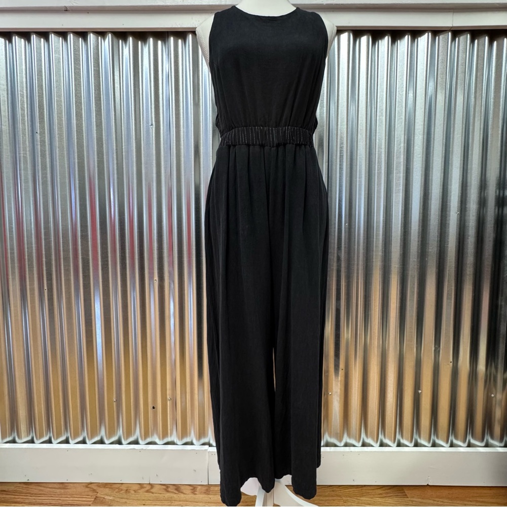 Hem & Thread Black Linen Blend Sleeveless Jumpsuit With Crisscross Back Straps
